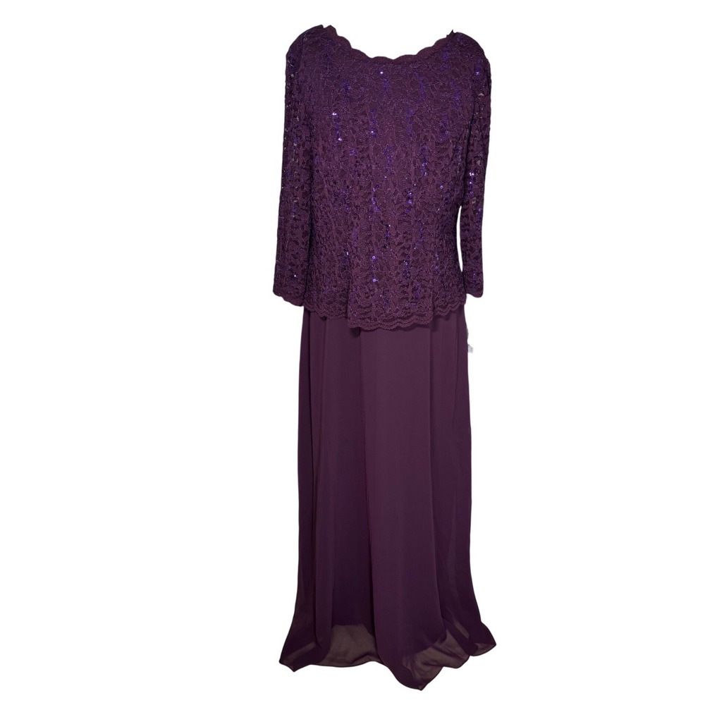 Alex Evenings Womens Gown 14 Deep Plum Sequin Lace Chiffon A-Line Juliet NWT